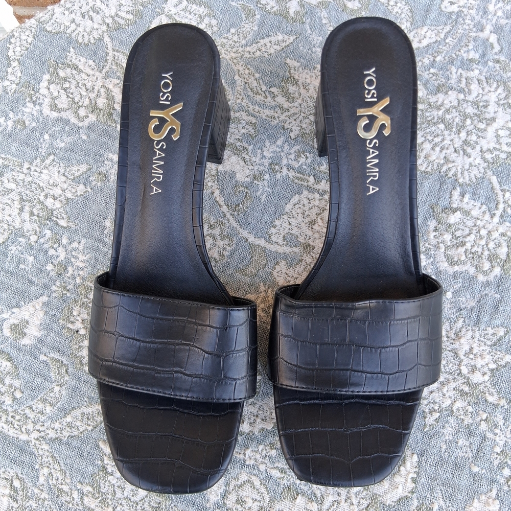 Yosi Samra Croc- Embossed Black Women's Slide Heel Sandals New Sz.9 - Picture 3 of 13